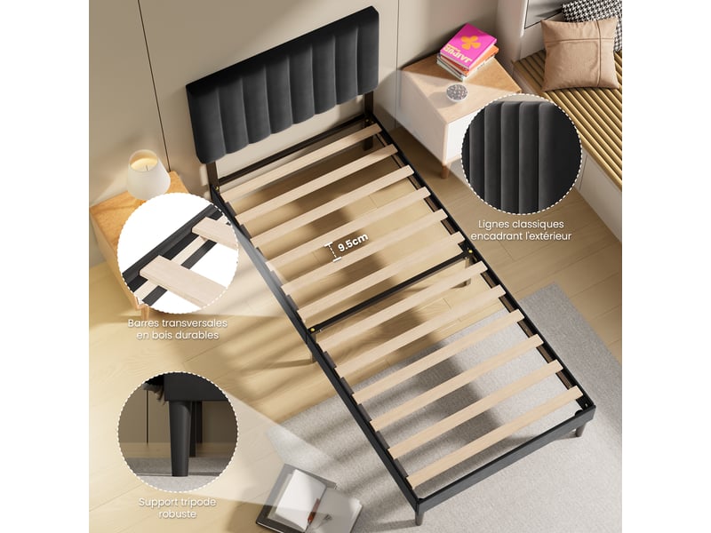  Lit 90 x 200 avec sommier,cadre de lit en métal robuste et durable, lattes en bois,lin noir  - Conforama D
