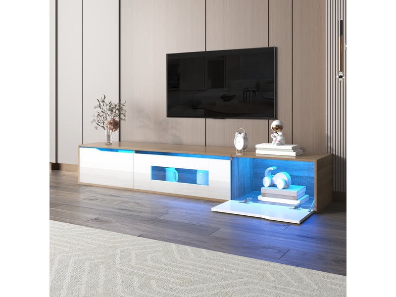  Meuble tv laquée brillante avec led 16 couleurs et façade rainurée, pour salon, blanc et bois naturel, 180 x 35 x 30 cm  - Conforama D