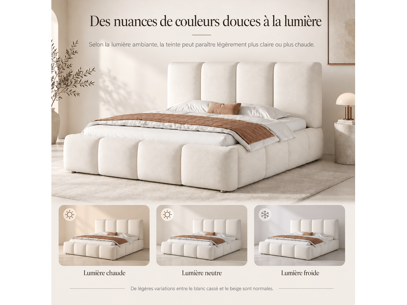  Lit double 160x200 cm coffre hydraulique avec sommier à lattes, tête de lit rembourrée, tissu bouclette,  blanc sans matelas  - Conforama D