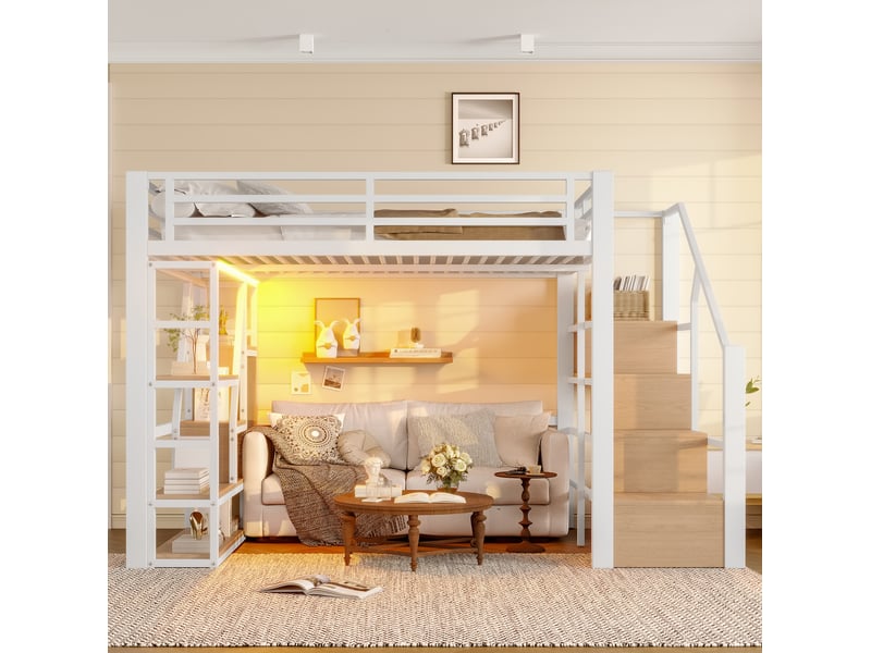  Lit mezzanine 140x200 cm avec étagères, escalier de rangement et led blanc  - Conforama B
