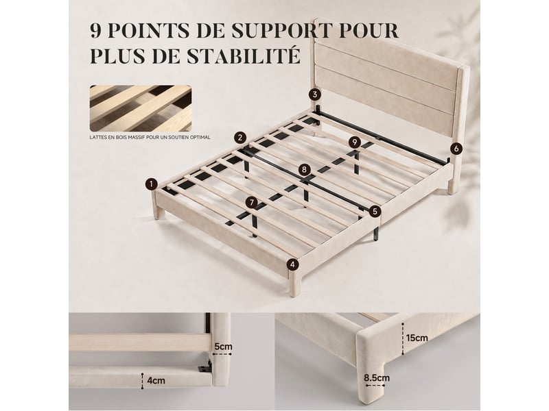  Cadre de lit 140x200 cm rembourré, lit double avec structure métallique et sommier à lattes en bois, charge maximale 500 kg, beige  - Conforama C