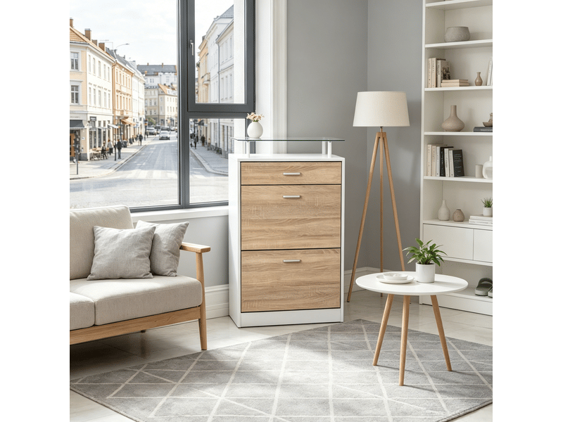  Meuble à chaussures ulevr à 2 abattants avec rangement, 60 x 24 x 105,5 cm, panneau de particules e1 et verre, blanc et chêne clair  - Conforama D