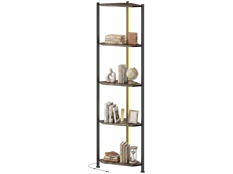  Bibliothèque d'angle à 5 niveaux avec éclairage led pour salon, chambre, bureau, marron rustique  - Conforama B