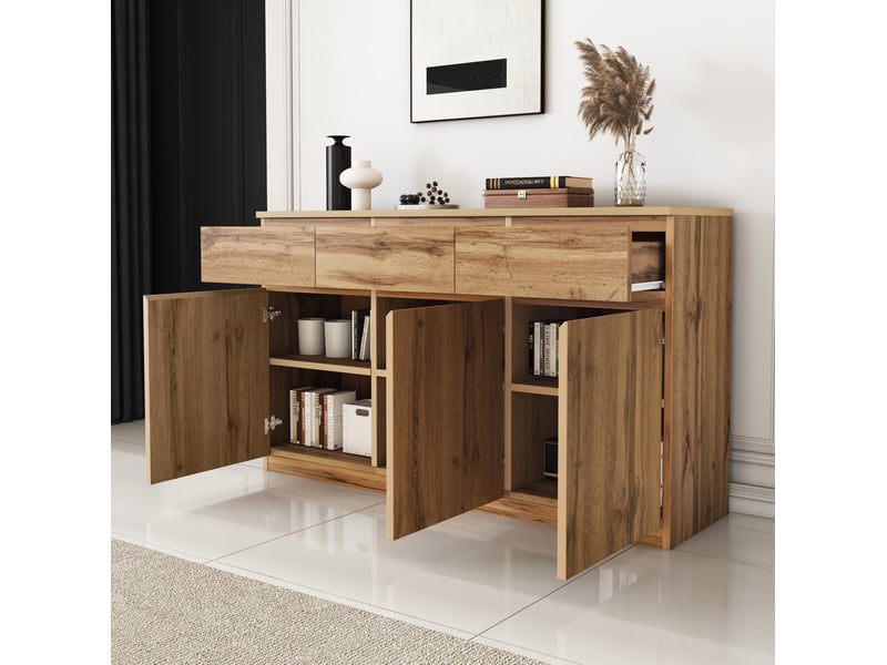 Buffet et enfilade avec 3 portes, 3 tiroirs et étagères réglables pour salle à manger, bois, 135 × 40 × 81 cm - Conforama C