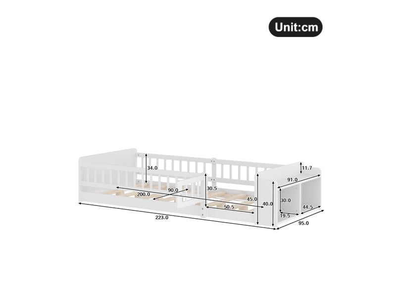  Lit enfant en bois 90 x 200cm sans matelas, pin, rangement ouvert, porte à ouvrir, blanc  - Conforama B