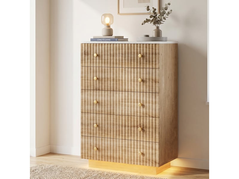 Commode 73x40x111cm, 5 tiroirs avec éclairage led 3 couleurs, en bois, style moderne, couleur chêne - Conforama B