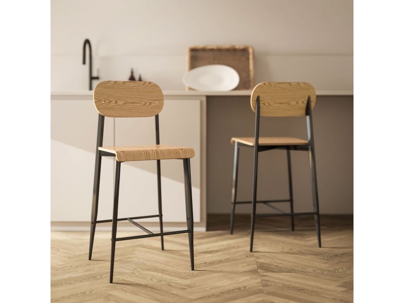  Tabourets de bar lot de 2 avec repose-pieds - lpospi - structure en acier, style industriel, bois naturel et noir  - Conforama B