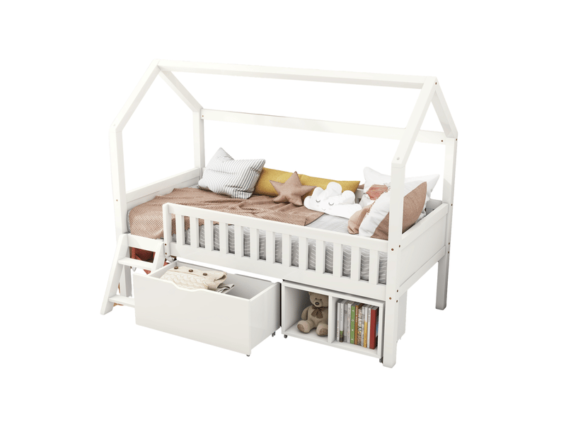  Lit enfant cabane 90 x 200 cm blanc en pin avec rangements  - Conforama A