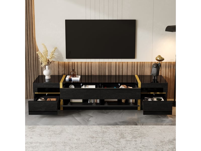  Meuble tv 180x40x38 cm avec 4 tiroirs et 2 portes mdf et panneau de particules noir  - Conforama E