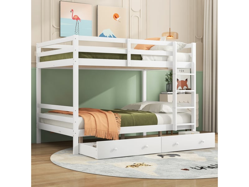  Lit superposé 140x200 en bois massif blanc, lit enfant avec tiroirs et barrières de sécurité, gain de place pour chambre  - Conforama B