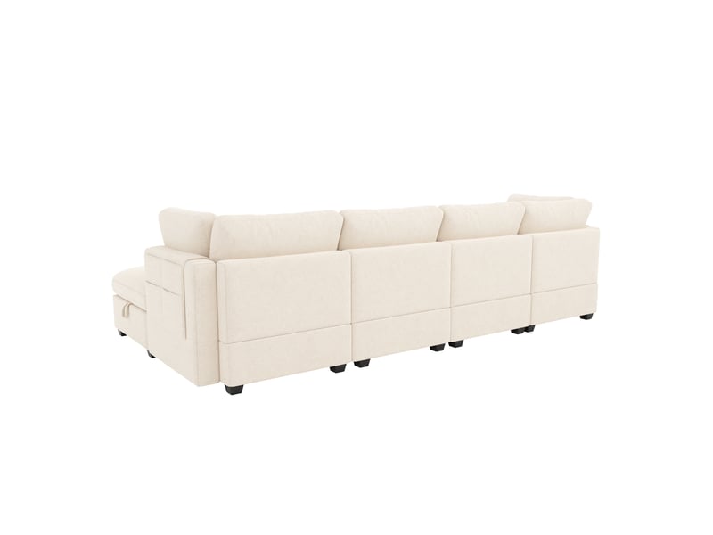 Canapé d'angle modulable 6 places en tissu chenille beige, 2 poufs à rangement, configurable en u ou en l, 4 coussins - Conforama R