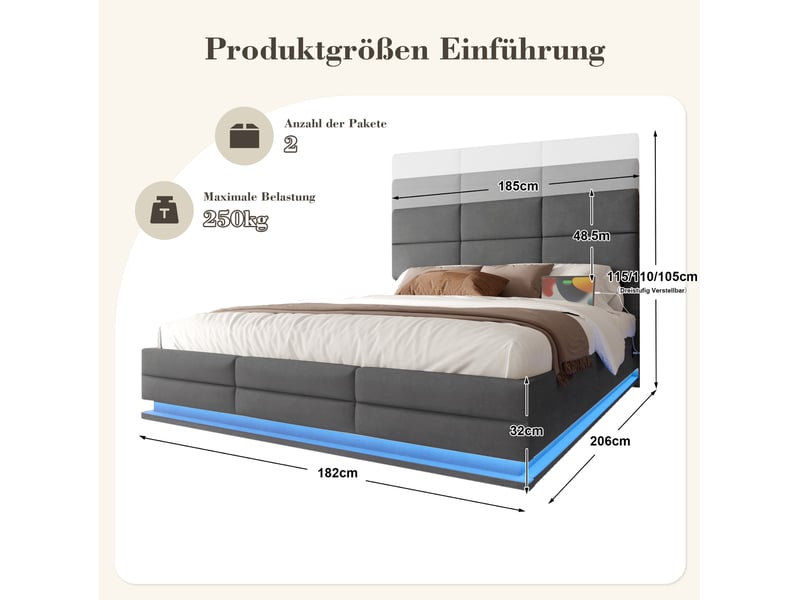  Lit coffre 2 places 180x200 cm, sans matelas, velours gris, led intégré, usb, doté de tête de lit ajustable en hauteur  - Conforama C
