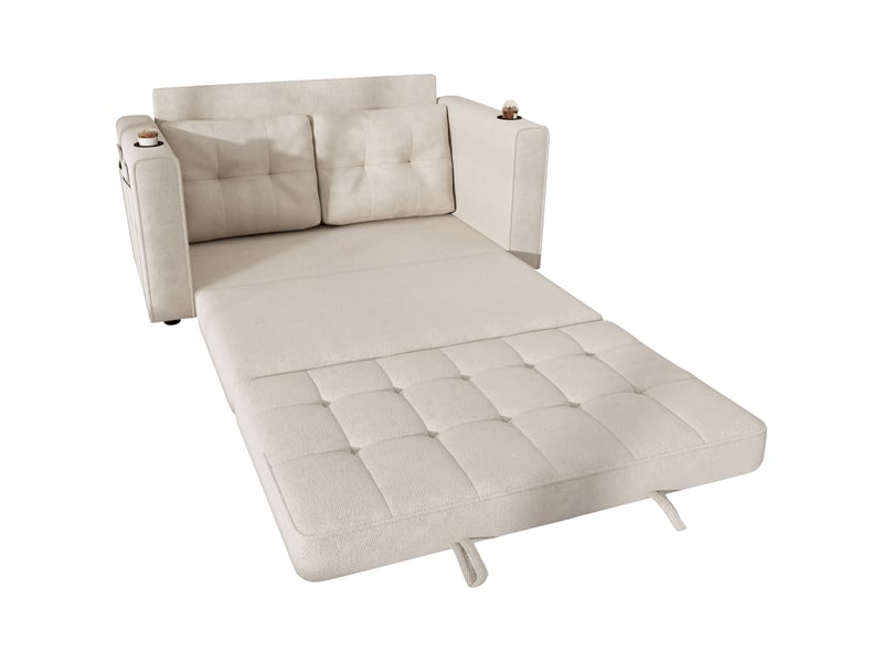  Canapé convertible 2 places 141 x 79 x 93 cm, couchage 141 x 216 cm, assise triple pliable, 2 porte-gobelets, poches et housses lavables, beige  - Conforama A
