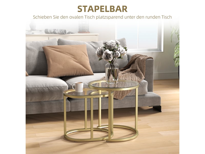  Tables basses gigognes lot de 2 empilables - lpospi - pieds réglables, plateau en verre trempé, acier - doré  - Conforama C