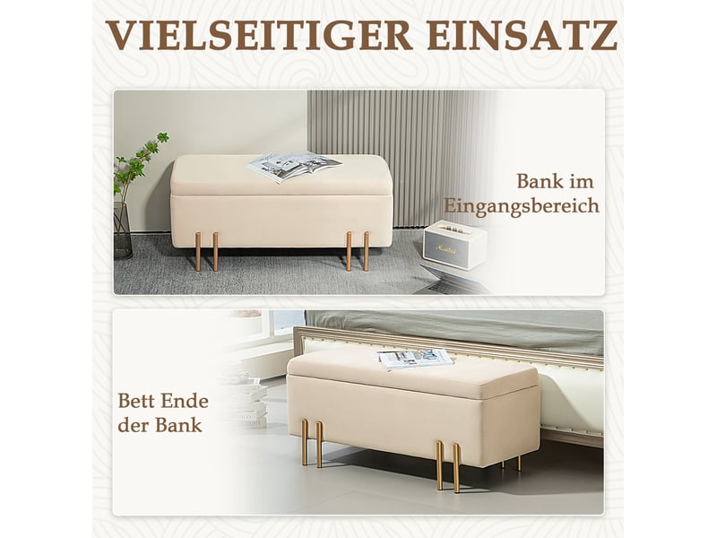  Banc coffre 100x40x42 cm, rangement spacieux, structure bois, pieds métal, polyvalent, meuble entrée, polyester, beige  - Conforama D