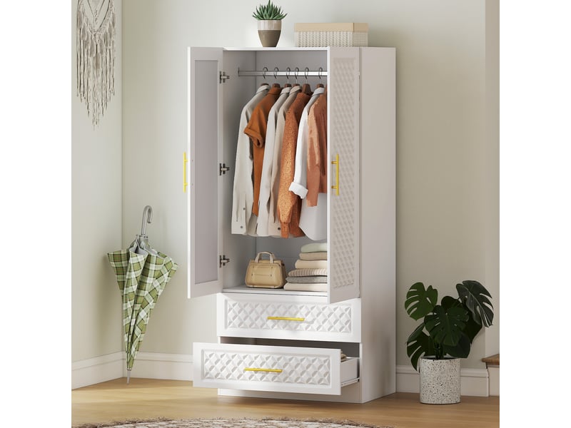  Armoire chambre penderie avec miroir, 2 tiroirs, 2 portes et barre de suspension, 80 x 50 x 180 cm, blanc  - Conforama B
