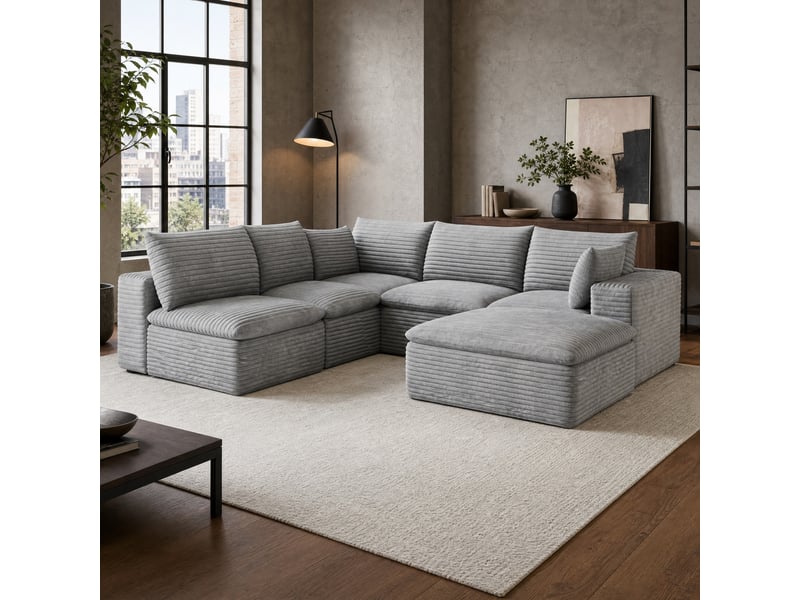  Canapé modulable modenvie 6 places en velours côtelé gris 260 x 250 x 60 cm avec coussins amovibles  - Conforama B