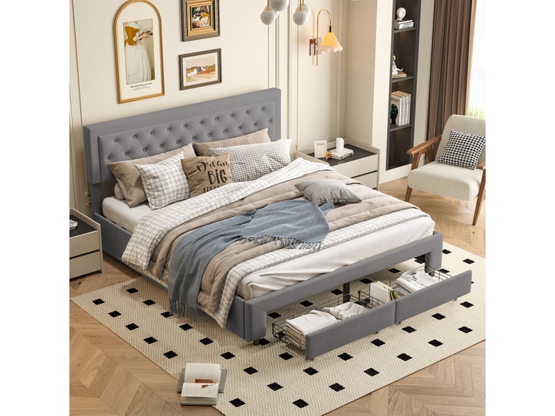  Lit double coffre 160x200, rangement hydraulique sous le lit, 2 tiroirs au pied, sommier à lattes, tissu velours, gris  - Conforama D