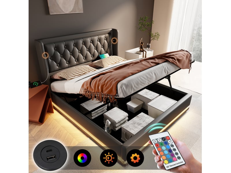  Lit coffre 160x200 cm noir en pu, tête de lit capitonnée, led et usb-c  - Conforama D