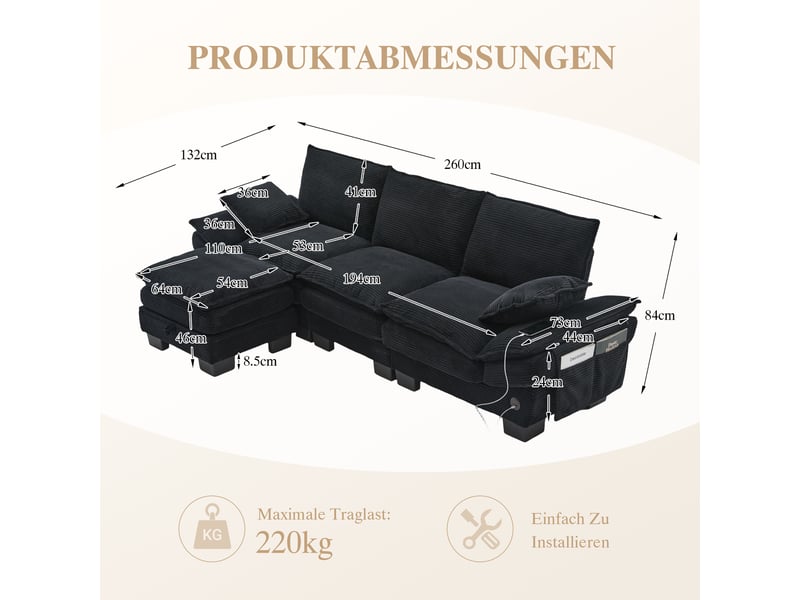 Canapé d'angle réversible fixe 3 places tissu noir  - Conforama C