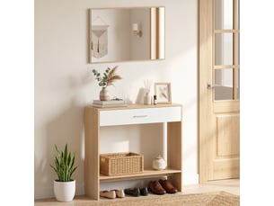 Console meuble + miroir, table console étroite avec tiroir et étagère, style moderne, chêne, 91,5 x 27,9 x 85,5 cm