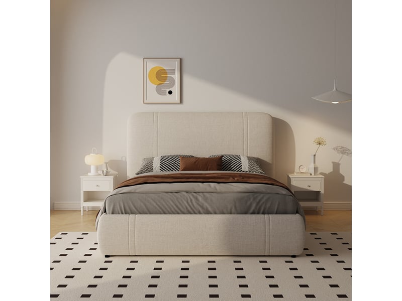  Lit avec coffre de rangement 140x190cm en velours beige montecito  - Conforama D