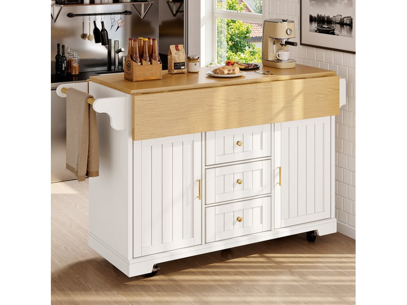  Îlot de cuisine 142,5x40(80)x95 cm, 3 tiroirs, 2 portes, plateau pliable, pour cuisine, en mdf et métal, bois et blanc  - Conforama B