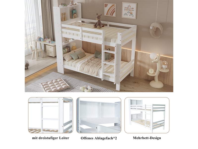  Lit superposé 90 × 200 cm 2 places avec étagères et échelle sécurisée, sans matelas, en bois, blanc  - Conforama E