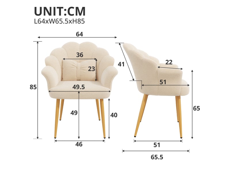  Lot de 6 fauteuils de salle à manger avec dossier pétale, accoudoirs, coussin nœud et pieds en métal doré, tissu bouclette teddy, beige evarich - Conforama C