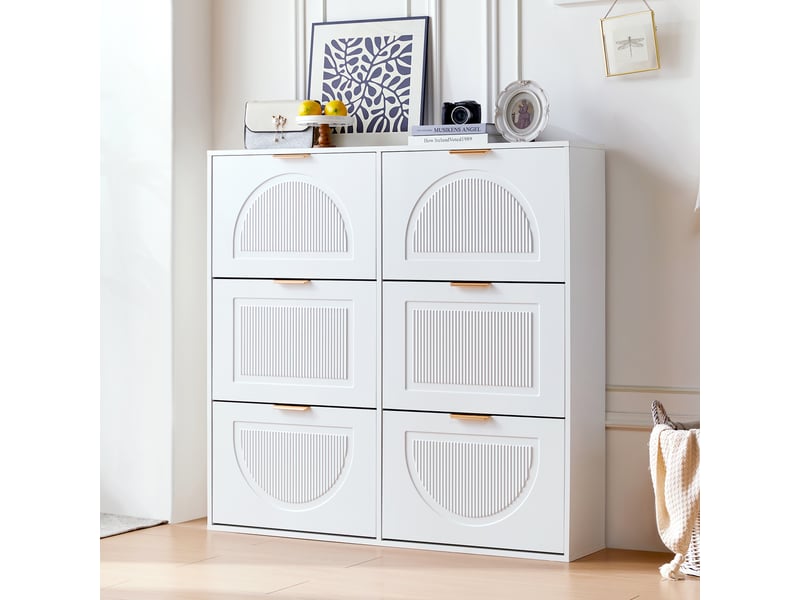 Meuble à chaussures avec 6 abattants et étagères réglables, rangement étroit pour entrée en mdf, 118×25×115 cm blanc - Conforama C
