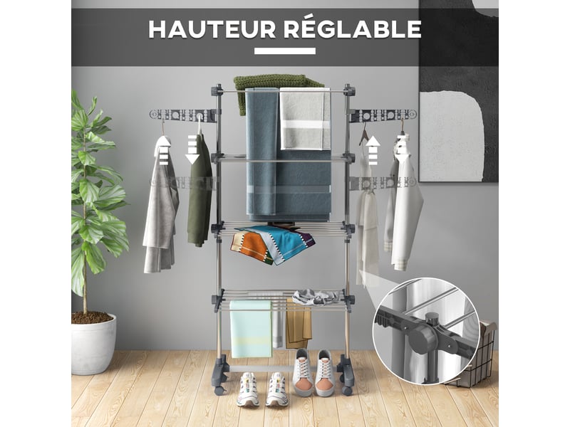 Séchoir à linge étendoir pliable ailes latérales utilisation intérieure et extérieure 142 x 55 x 172 cm 4 niveaux gris - Conforama E