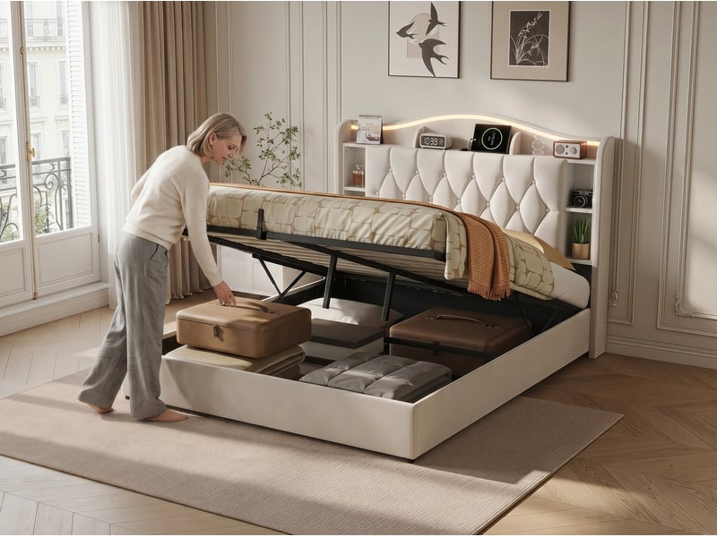  Lit coffre rembourré 160x190 cm - velours - avec éclairage led et port usb - tête de lit avec rangement  - Conforama E