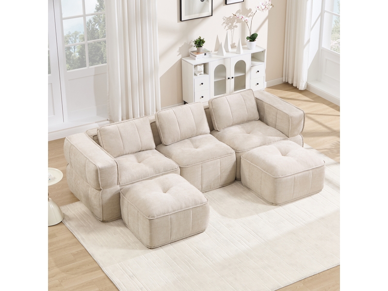  Canapé modulable modenvie 3 places en u avec 2 poufs, mousse haute densité 32d, assise profonde, tissu polyester beige, 271 x 162 x 67 cm  - Conforama D