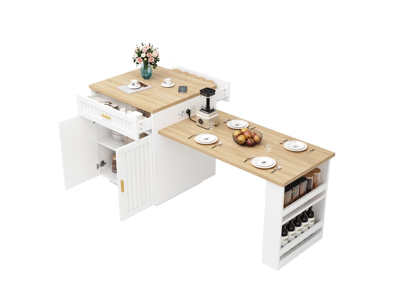  Îlot central de cuisine extensible 121,5-192 cm avec prise intégrée, 1 tiroir, rangements et étagères réglables - blanc  - Conforama A