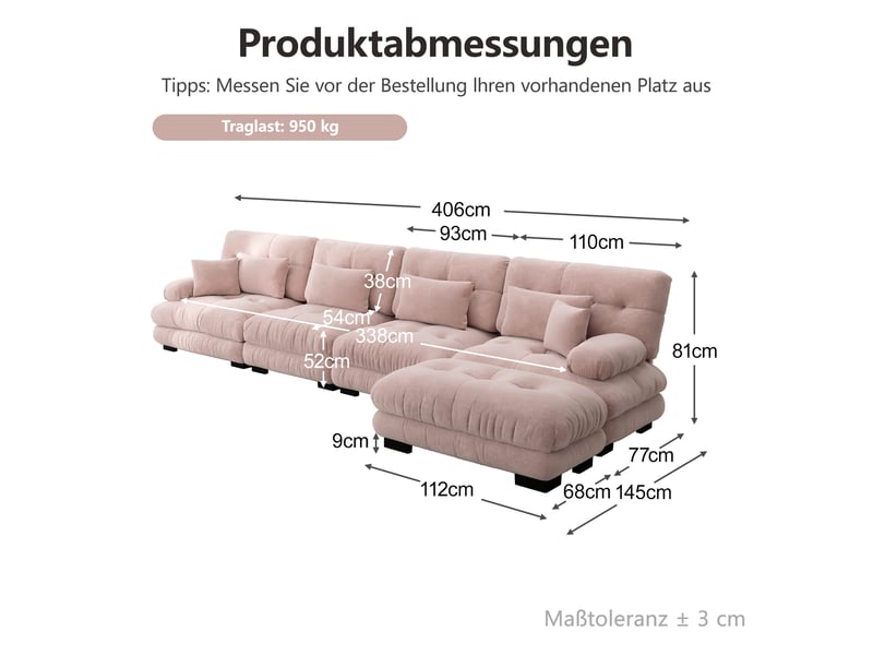  Canapé d’angle modulable 4 places en chenille rose avec ottoman mobile  - Conforama E