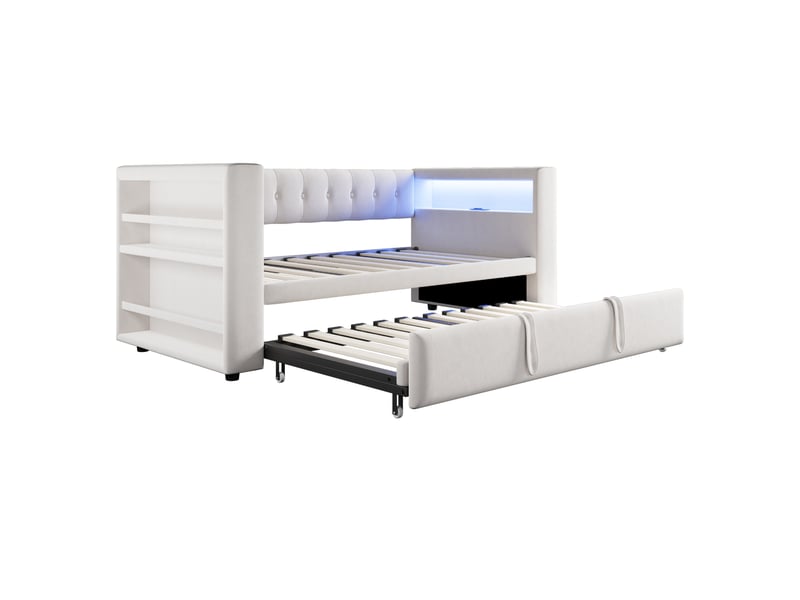  Lit gigogne lit banquette 90x190 cm, canapé-lit avec éclairage led, ports usb, tissu flanelle beige, sommier à lattes inclus OPULERANE TRADING LTD - Conforama D