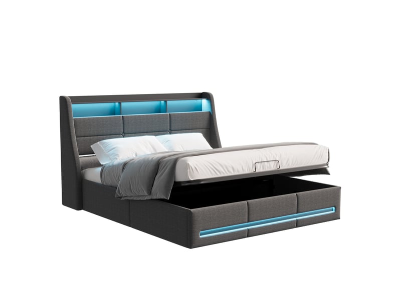 Cadre de lit 160x200 led et usb, lit double avec 4 tiroirs, tête de lit avec rangement, lin, gris - Conforama A
