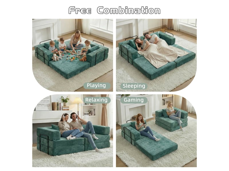  Canapé-lit compressé convertible 2 places, cadre fixe, modulable sans armature, chenille, sans montage, vert foncé  - Conforama D