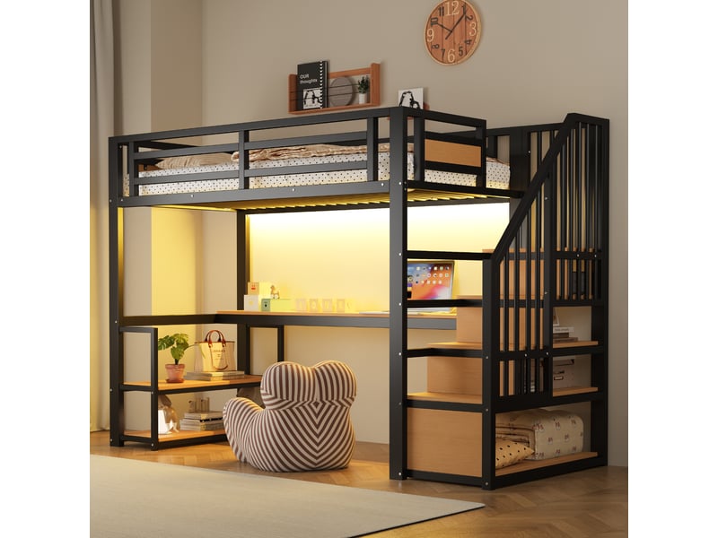 Lit mezzanine métal noir 90x200 cm avec barre led, prises, échelle de rangement et étagères, bureau et garde-corps - Conforama E