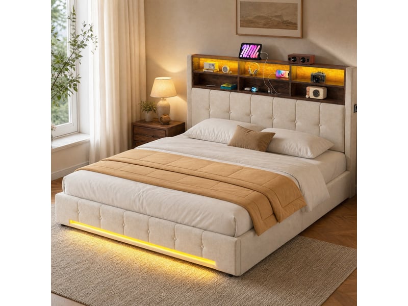  Lit coffre double 180×200 cm, 6 niches, led réglable et usb-c - okmyhome- velours beige, sans matelas  - Conforama B