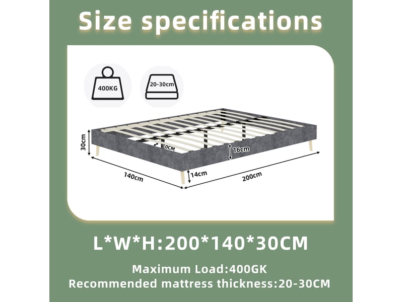  Sommier 2 places 140x200 cm avec matelas coloris gris et finition velours  - Conforama C