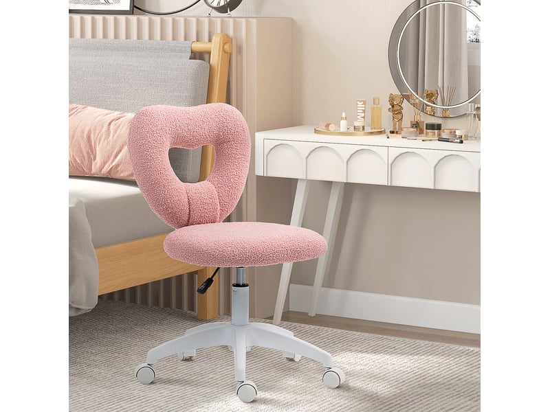  Chaise de bureau rose en tissu teddy, dossier cœur et hauteur réglable, idéale pour bureau ou coiffeuse  - Conforama E
