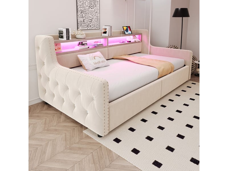  Lit coffre 90x200, rangement hydraulique lit une personne, velours doux, led intégrée, ports usb type-c, sommier inclus, beige  - Conforama B