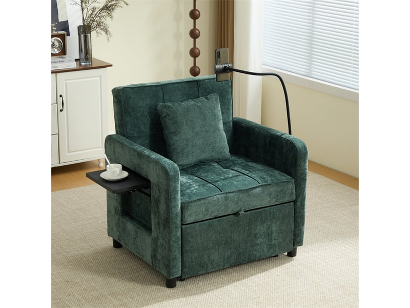  Fauteuil-lit 2-en-1 vert en chenille avec coussin, tablette et rangements  - Conforama B
