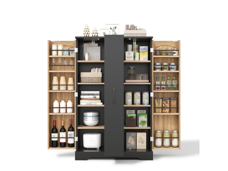  Meuble de cuisine 78x35x120 cm avec rangement épices, placard haut avec portes, tiroir coulissant vertical et étagères réglables - noir et naturel  - Conforama A