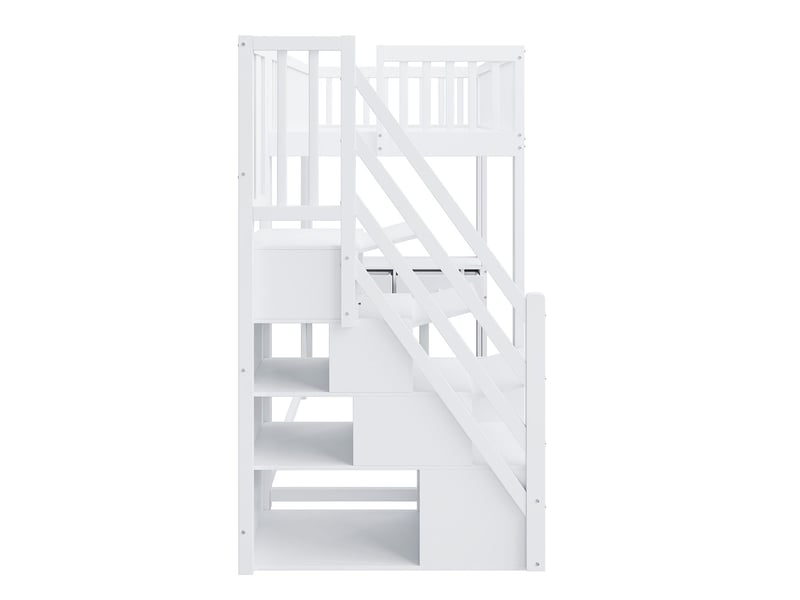  Lit mezzanine 90x200cm avec bureau multifonction et escalier de rangement - lit simple - gain de place, bois de pin massif, blanc  - Conforama D