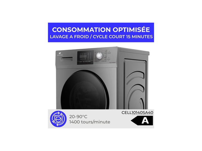  Lave linge hublot 10 kg 1400 tr induction argent 16 programmes CELL10140SA40 - Conforama E