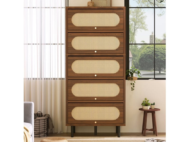  Buffet haut à 5 abattants noyer et rotin 80 x 40 x 163 cm  - Conforama D