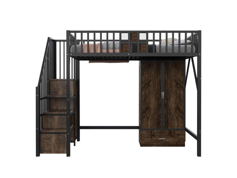  Lit mezzanine métallique 90 × 200 cm, garde-corps bois et métal, placard, tiroirs, échelle, noir.  - Conforama A