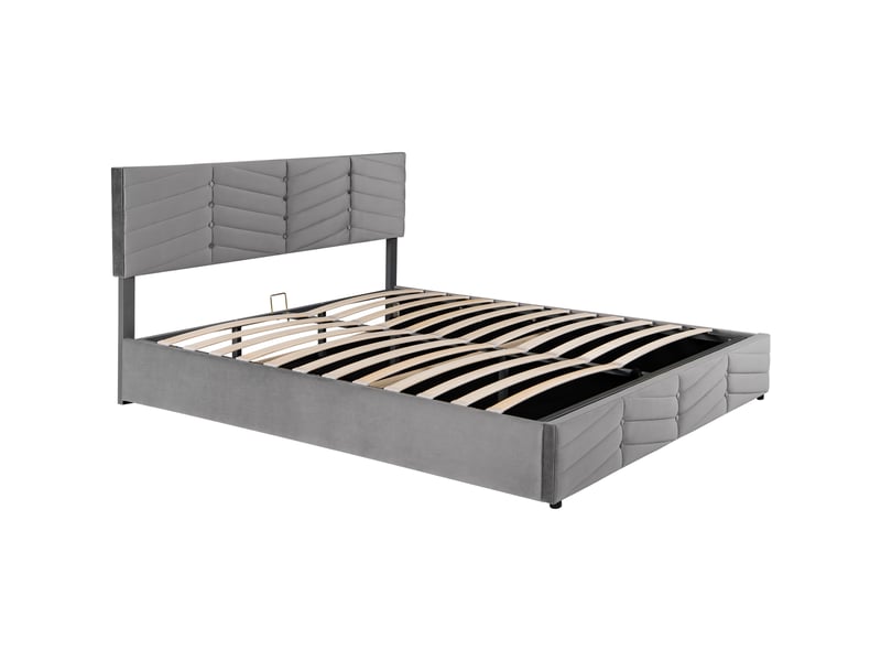  Lit 160x200 cm tête relevable hydraulique style continental capitonné velours rayé gris  - Conforama A